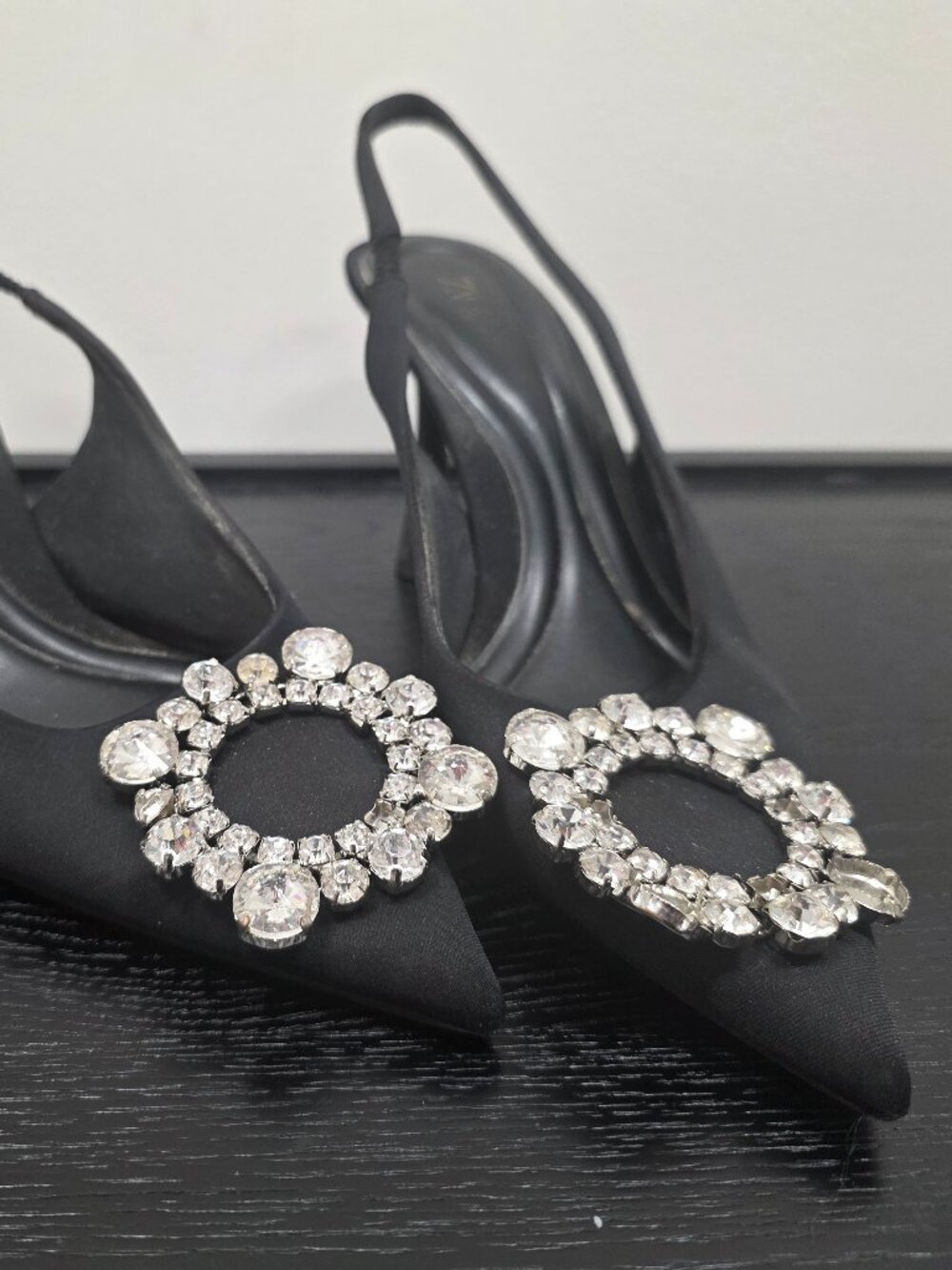 Zara Black Crystal Brooch Slingback Kitten Heels